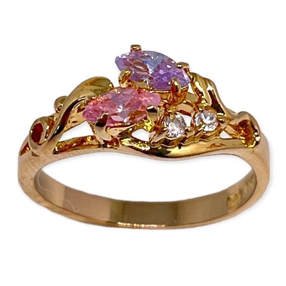 Vintage Ring Size 8 Pink Purple Clear Cubic Zirconia Gold Plate Mid-Century 14L - Picture 7 of 10